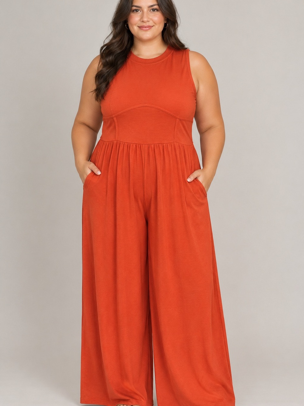 Women’s Large Sleeveless Wide-Leg Utility Jumpsuit in Burnt Orange